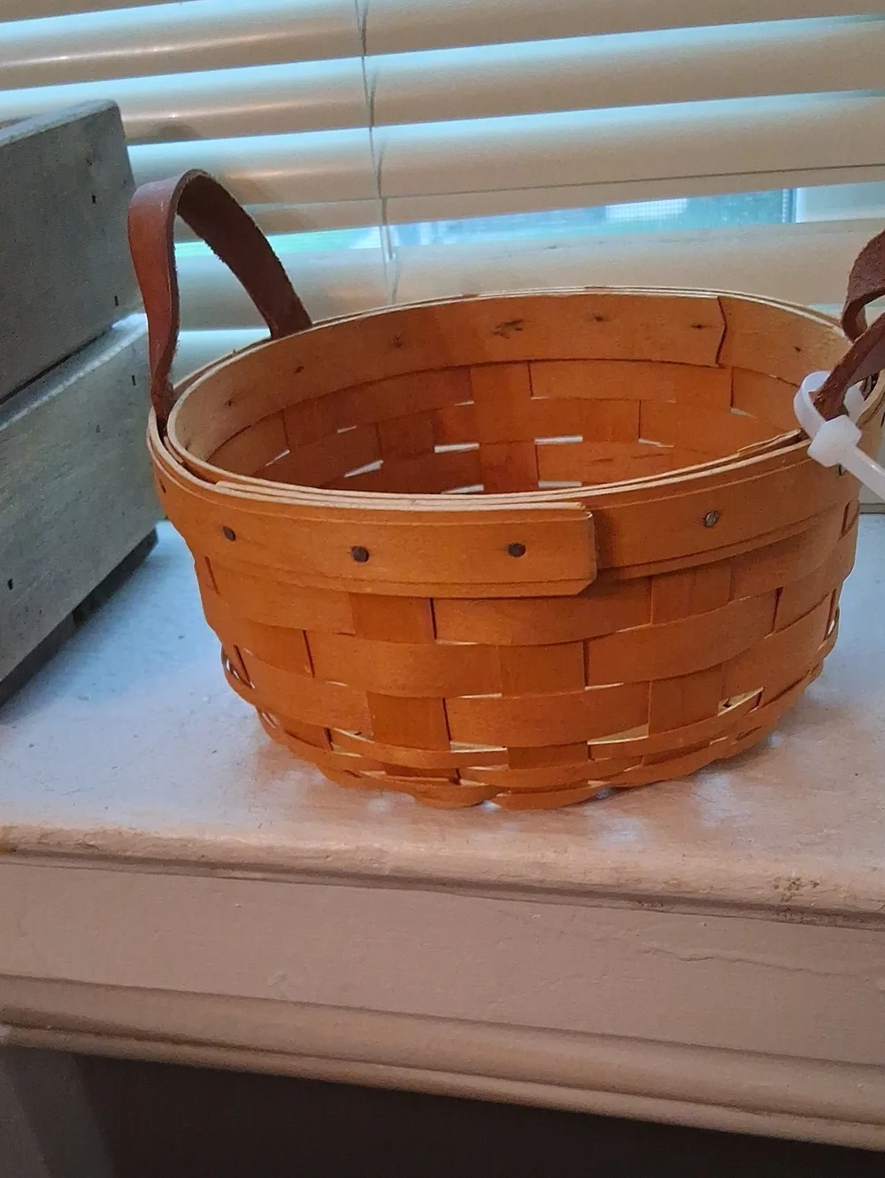 1998 Longaberger Natural Woven Basket with Brown Leather Handles